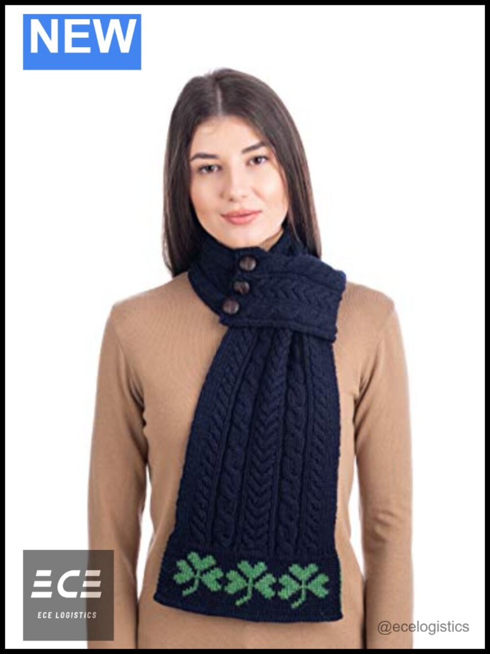 Merino Wool Aran Loop Scarf Shamrock Knit Cold Weather Button Closure